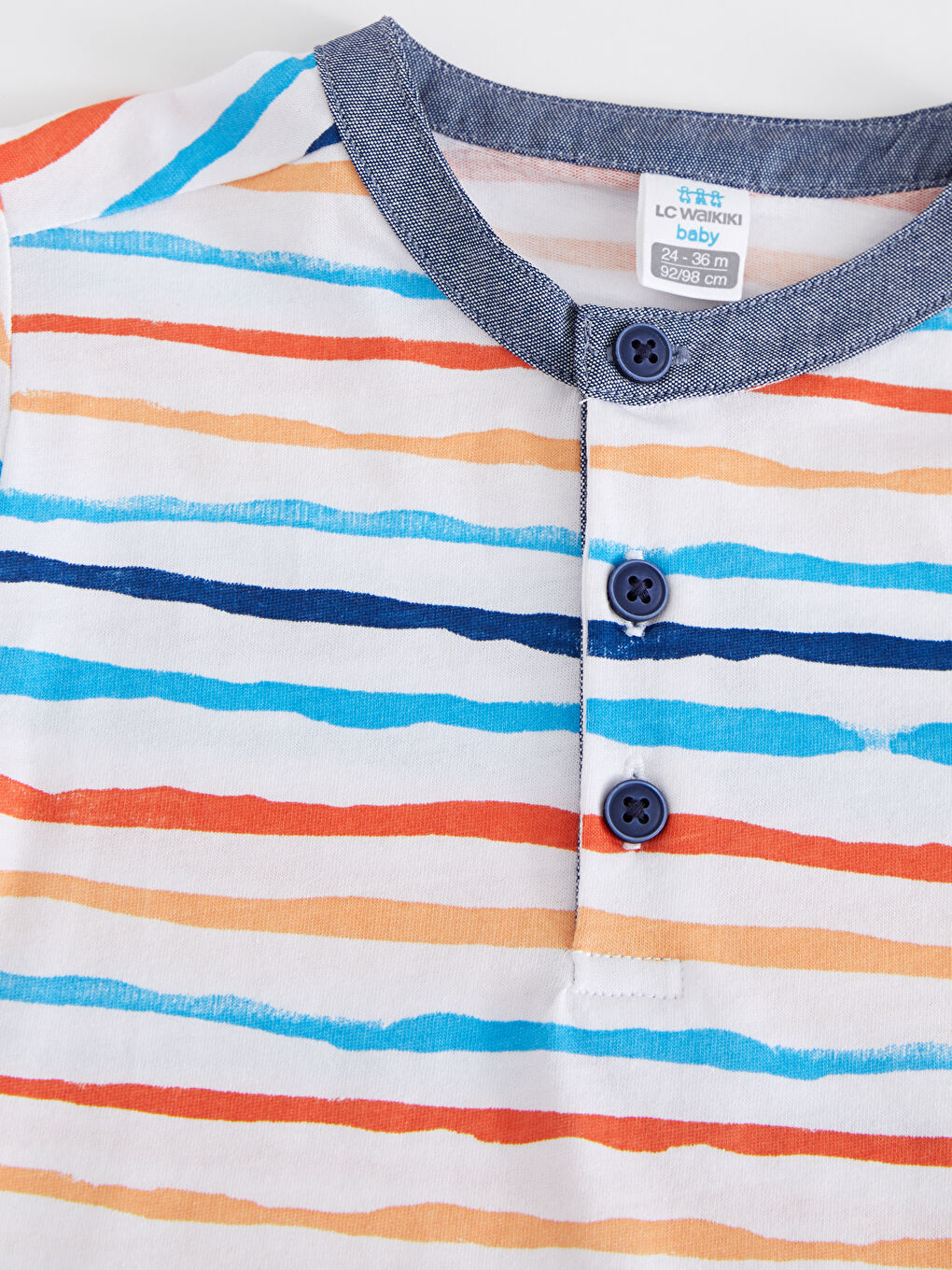 Beyaz Bisiklet Yaka Kısa Kollu Çizgili Pamuklu Erkek Bebek Tişört-2