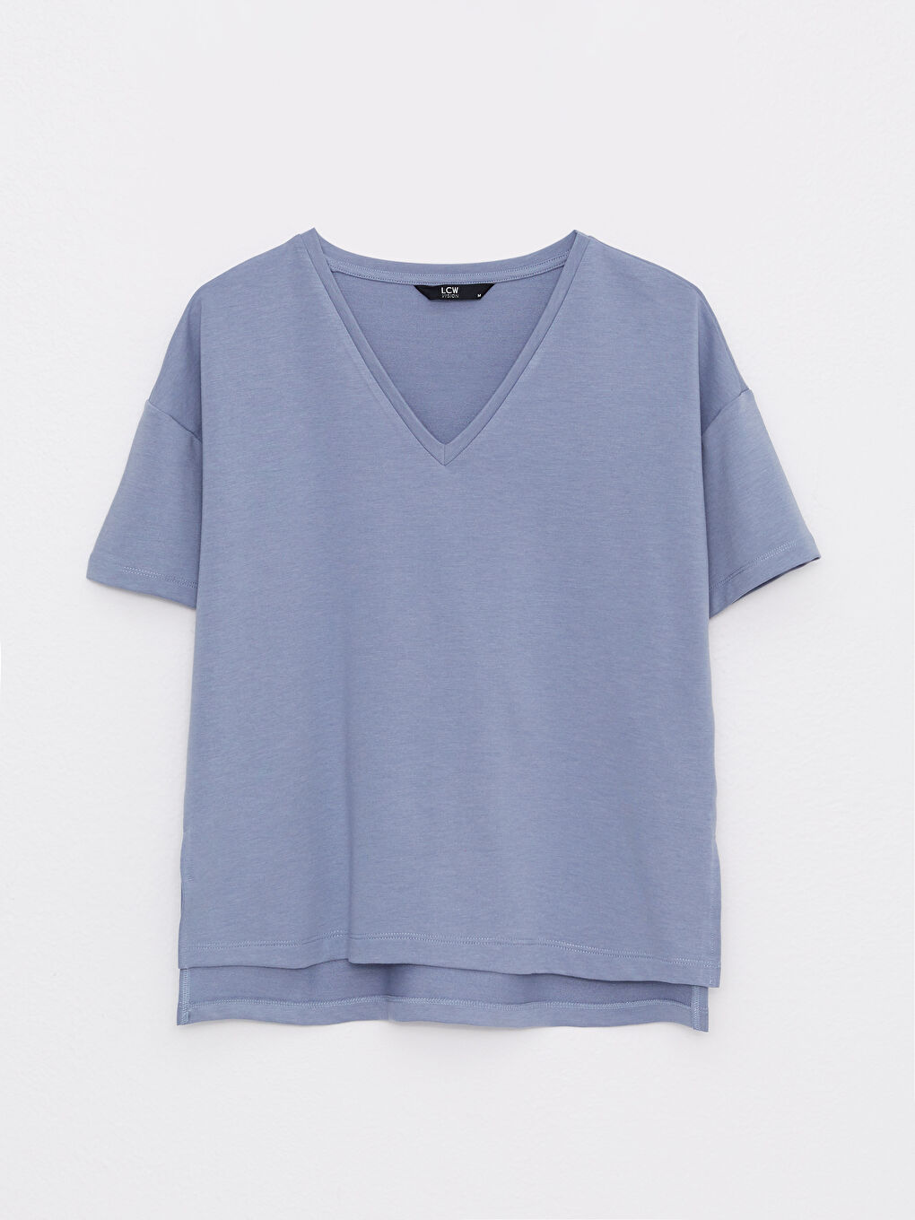 Mavi V Yaka Düz Kısa Kollu Kadın Tişört-5