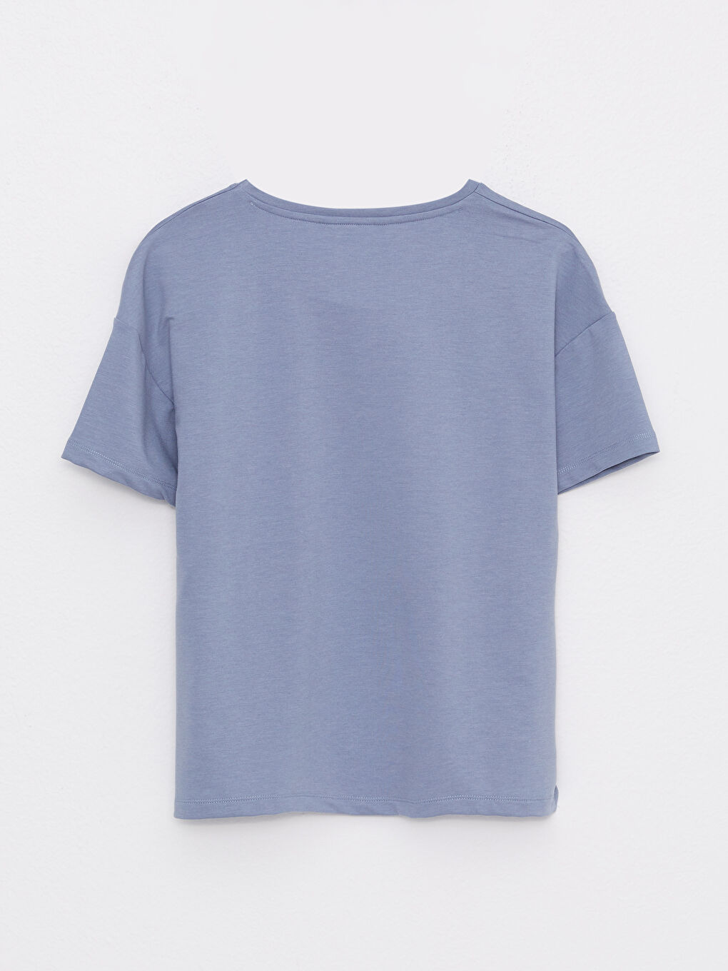 Mavi V Yaka Düz Kısa Kollu Kadın Tişört-6