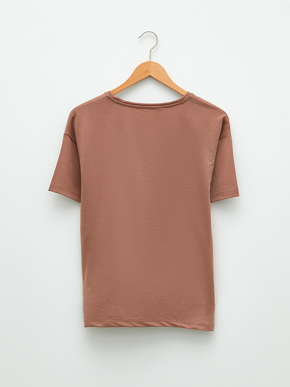 Kahverengi V Yaka Düz Kısa Kollu Kadın Tişört-6