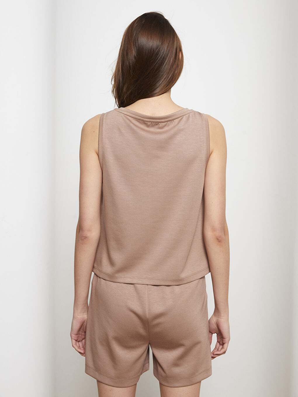 Bej Kadın Bisiklet Yaka Düz Atlet-4