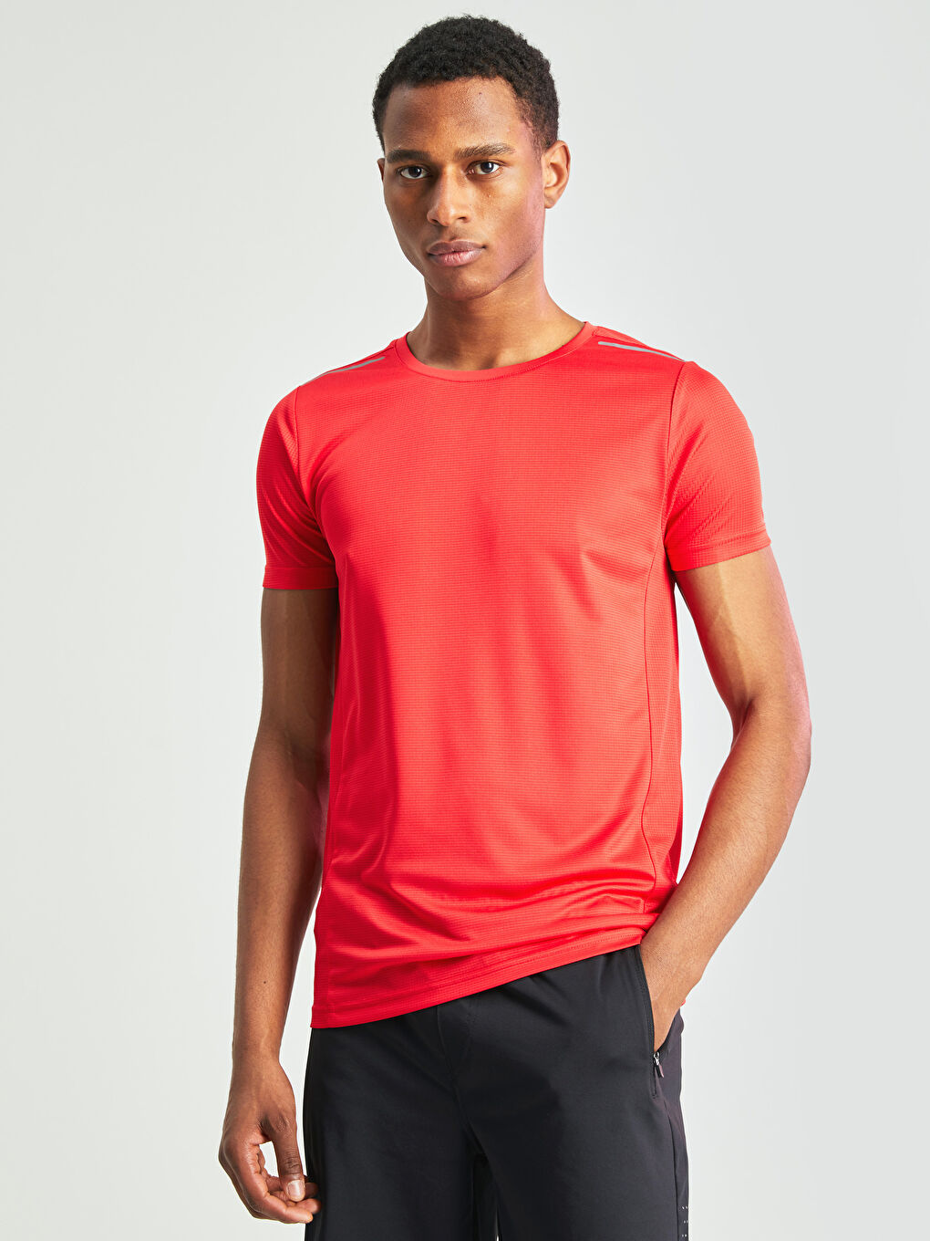 Kırmızı Bisiklet Yaka Kısa Kollu Erkek Spor Tişört-1