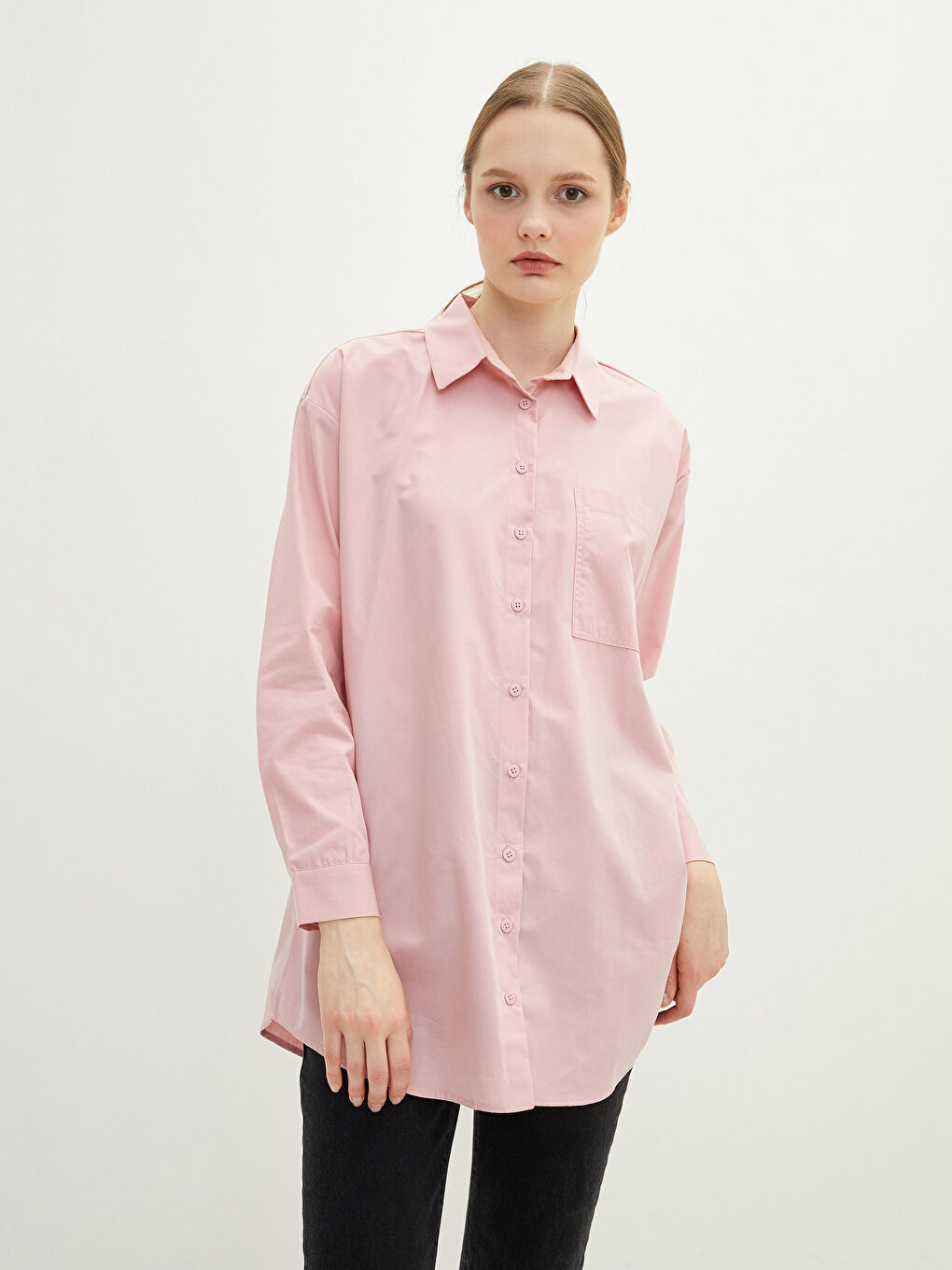 قميص تونيك بوبلين مطبوع كم طويل للسيدات-2