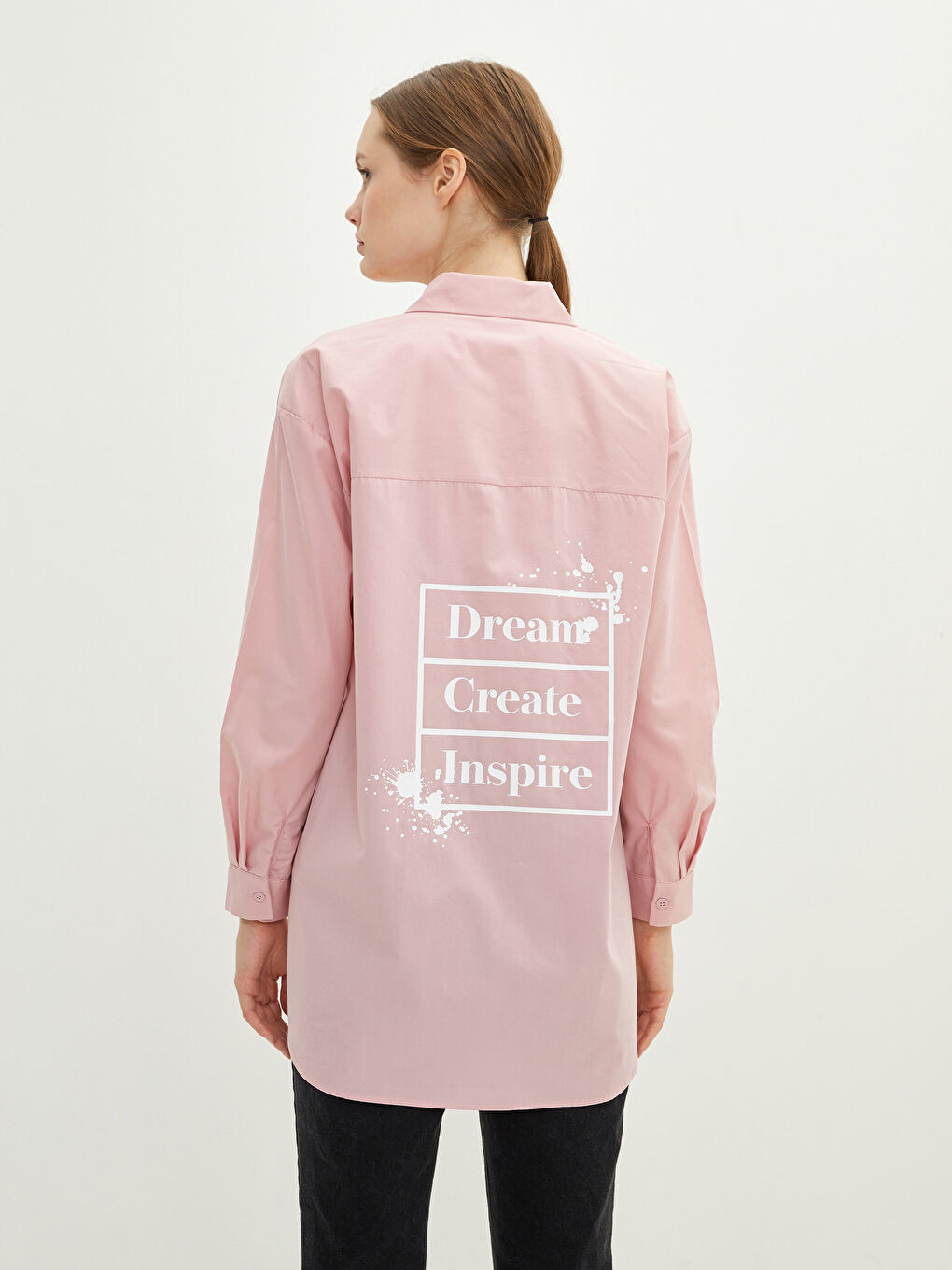 قميص تونيك بوبلين مطبوع كم طويل للسيدات-3