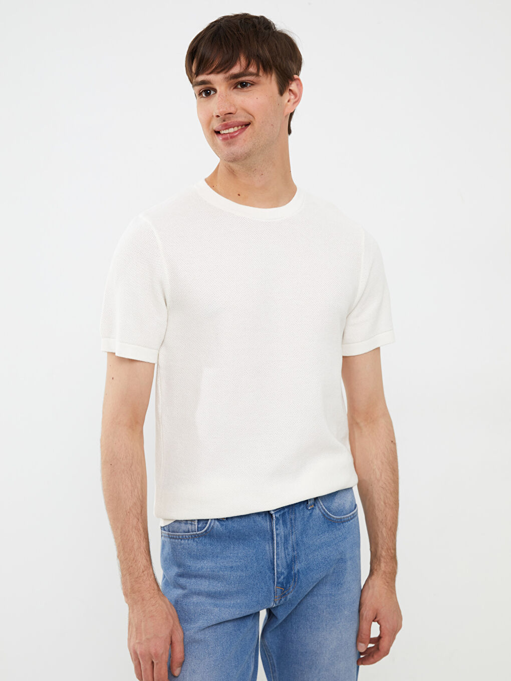 Ekru Bisiklet Yaka Kısa Kollu Erkek Triko Kazak-1