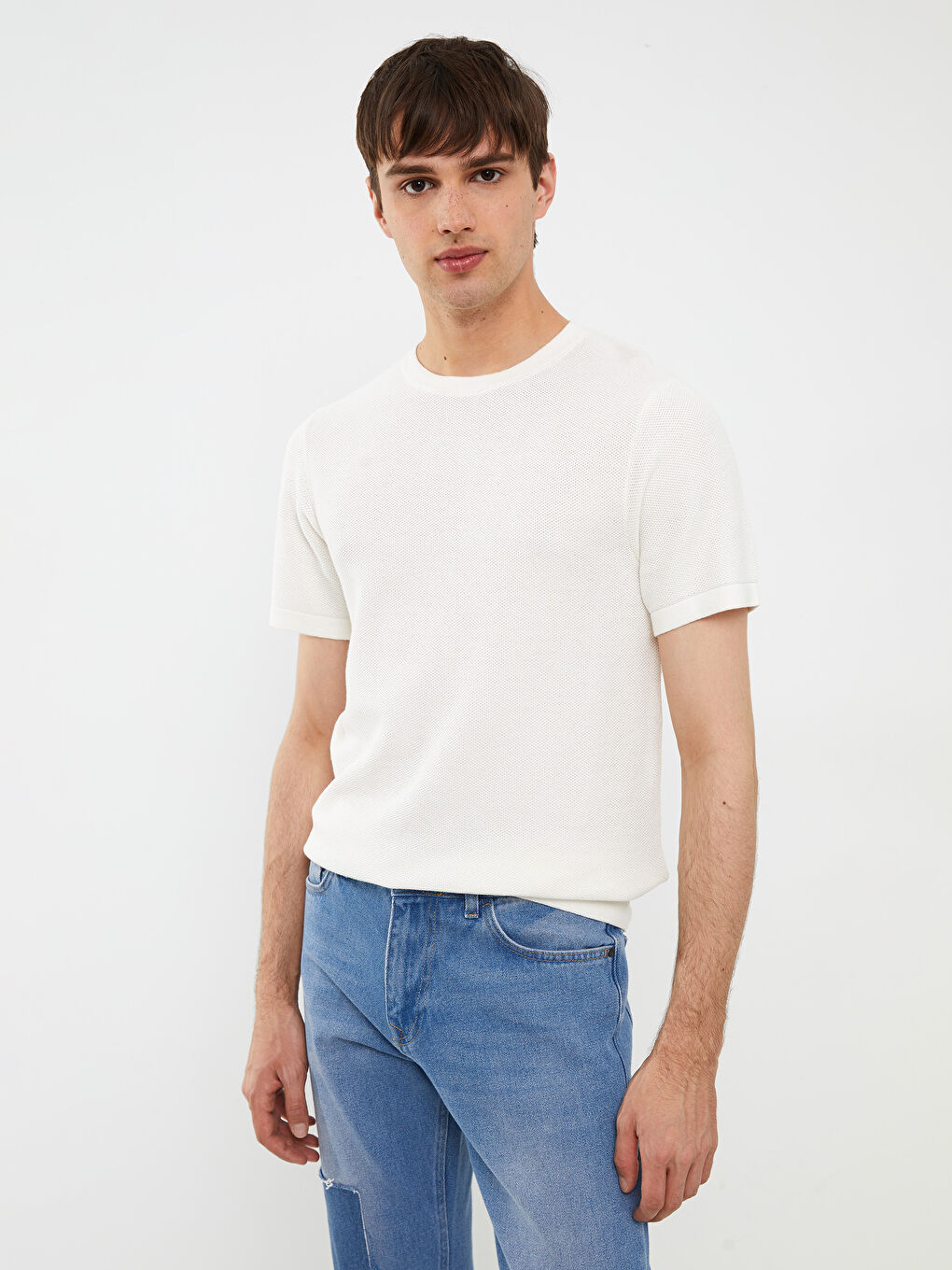 Ekru Bisiklet Yaka Kısa Kollu Erkek Triko Kazak-2