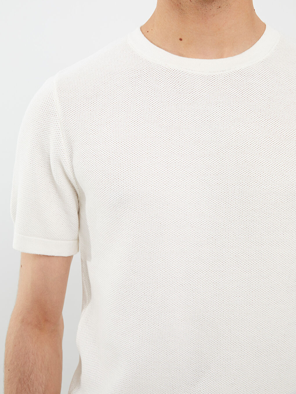 Ekru Bisiklet Yaka Kısa Kollu Erkek Triko Kazak-3