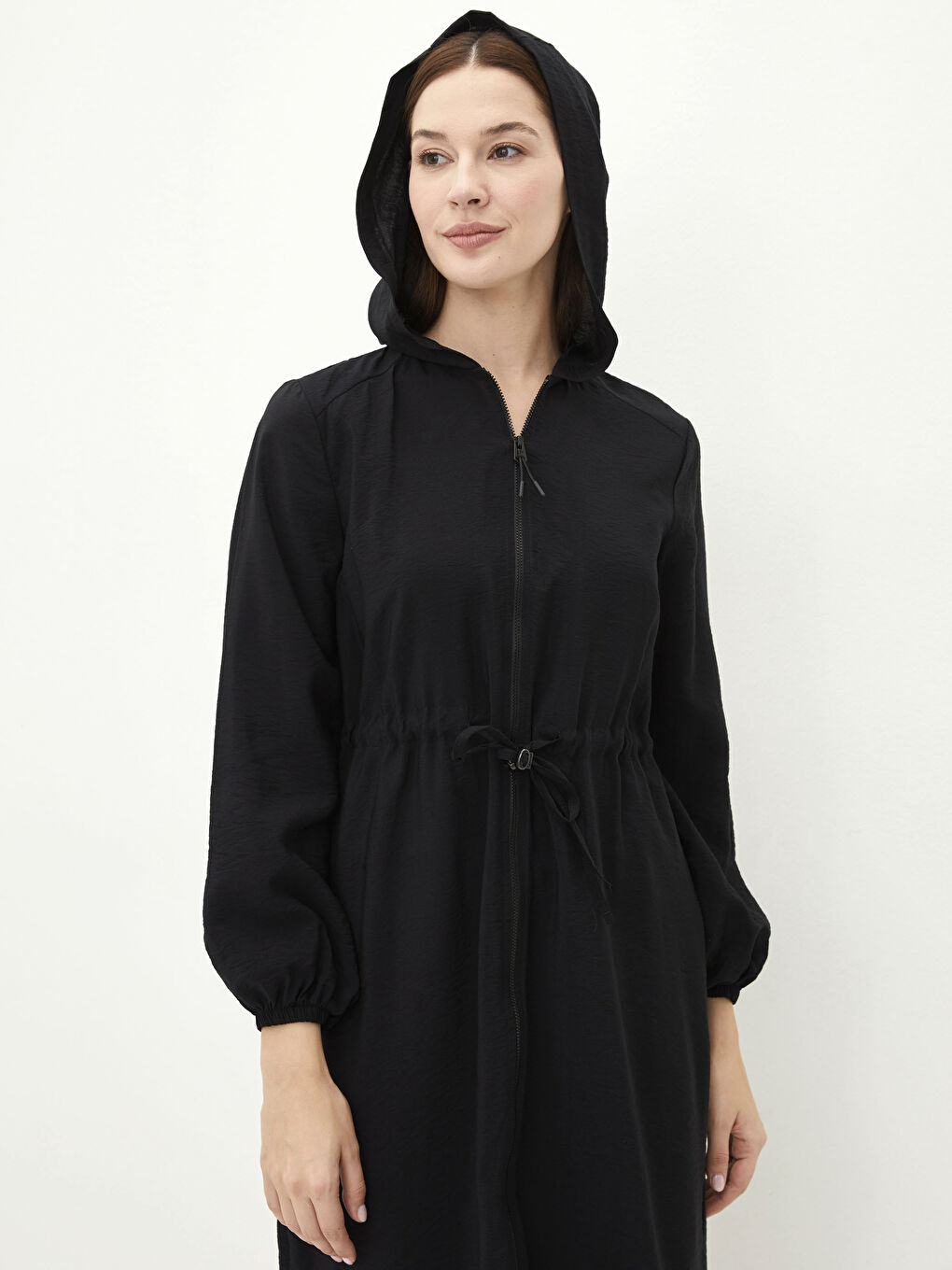 Siyah Kapüşonlu Düz Uzun Kollu Kadın Tunik-2