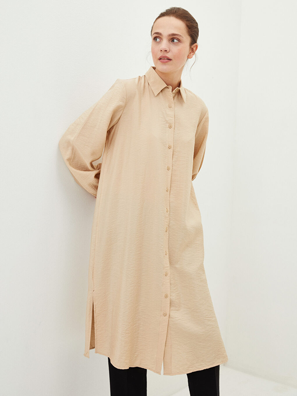 Bej Düz Uzun Kollu Kadın Gömlek Tunik