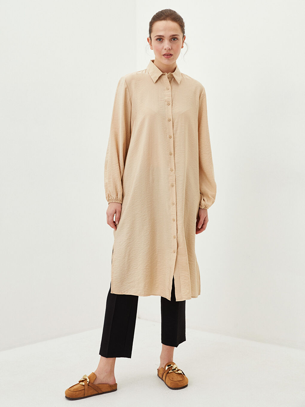Bej Düz Uzun Kollu Kadın Gömlek Tunik-1
