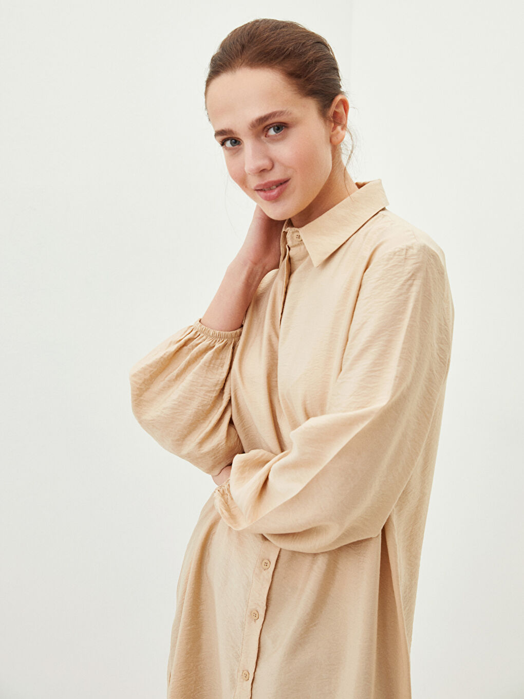 Bej Düz Uzun Kollu Kadın Gömlek Tunik-2