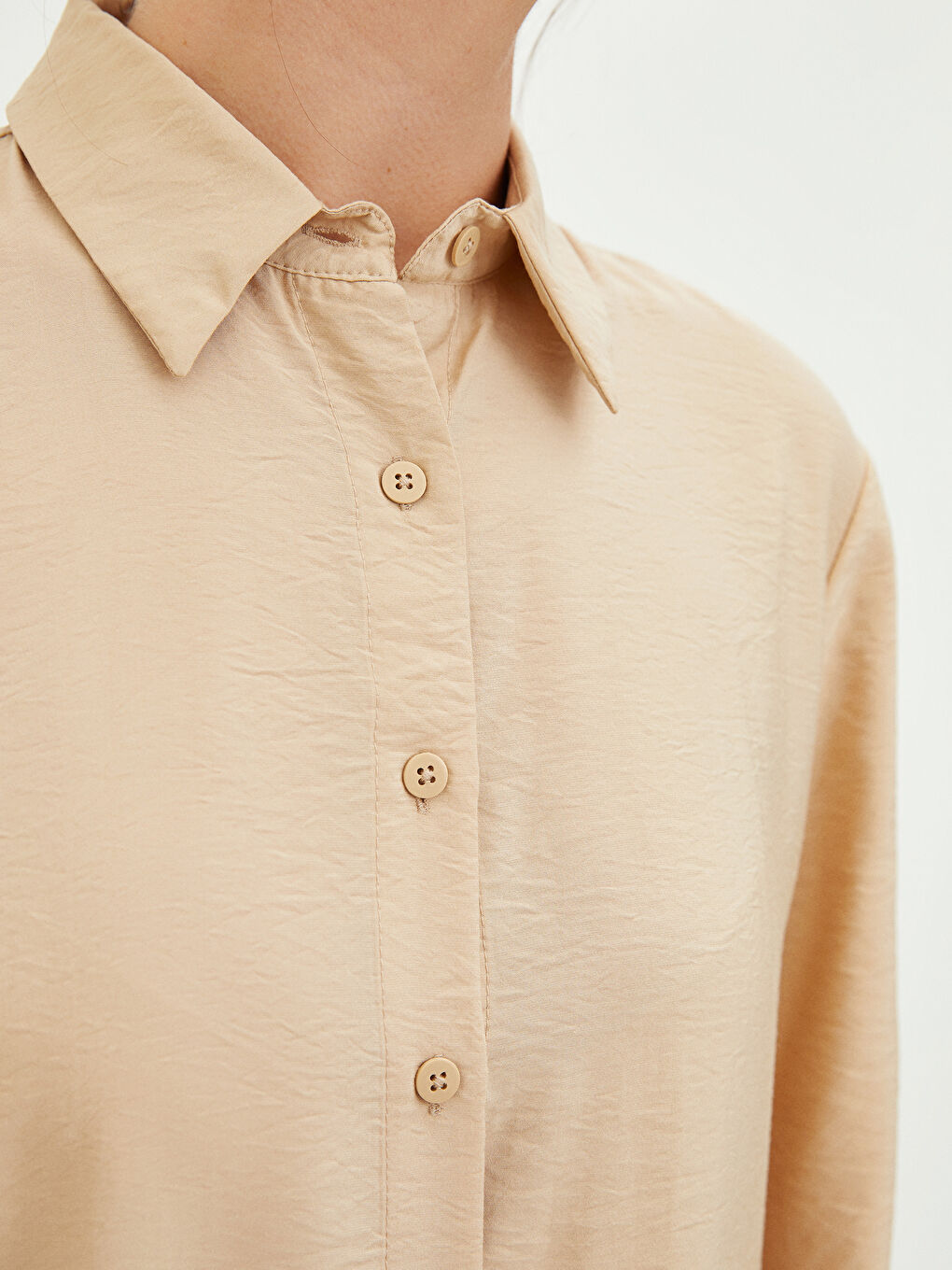 Bej Düz Uzun Kollu Kadın Gömlek Tunik-3