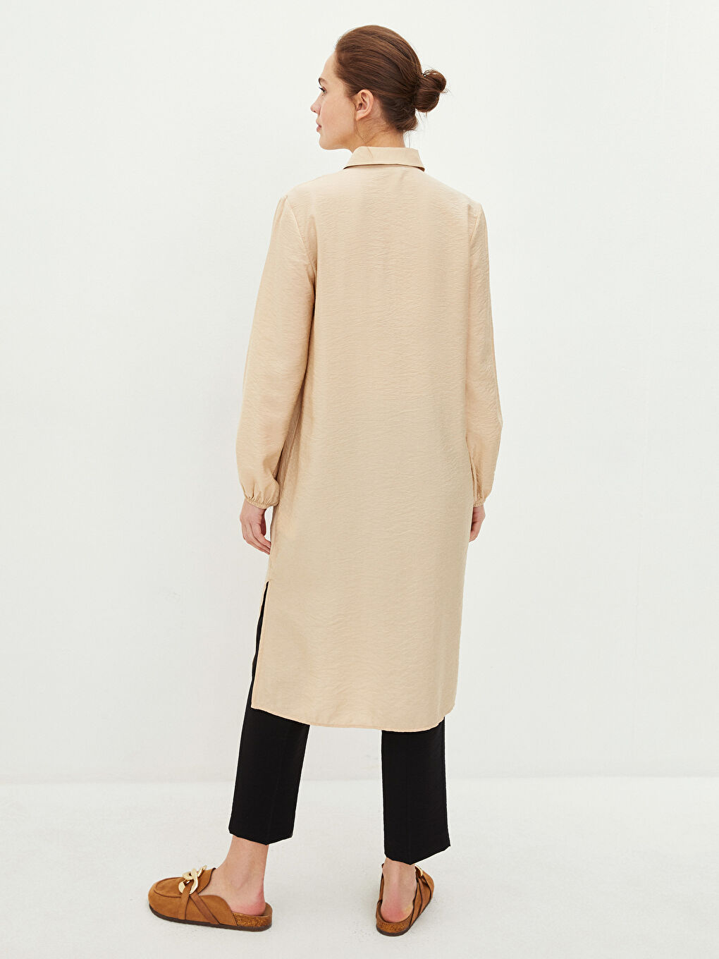 Bej Düz Uzun Kollu Kadın Gömlek Tunik-4