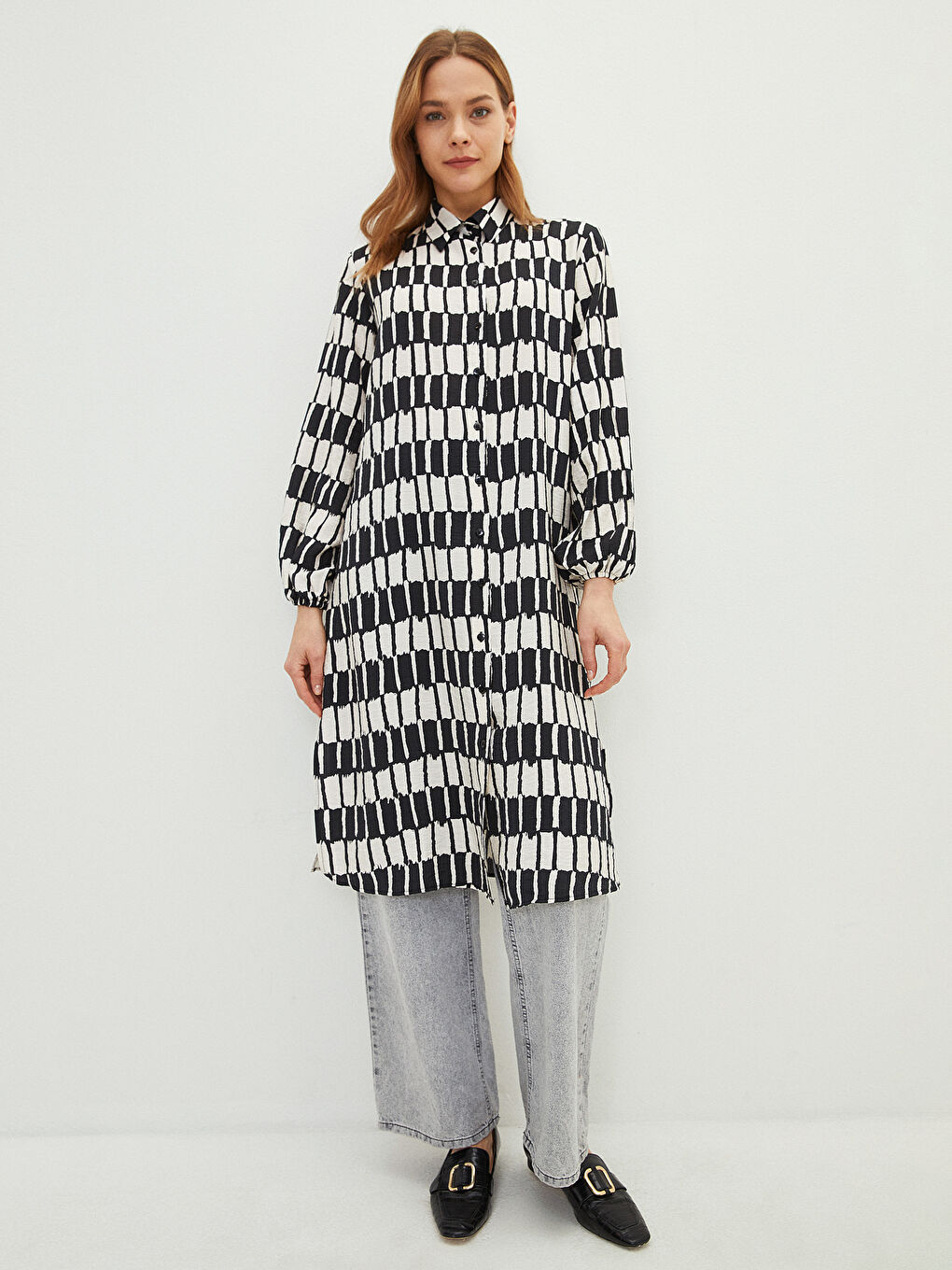 Siyah Desenli Kadın Gömlek Tunik