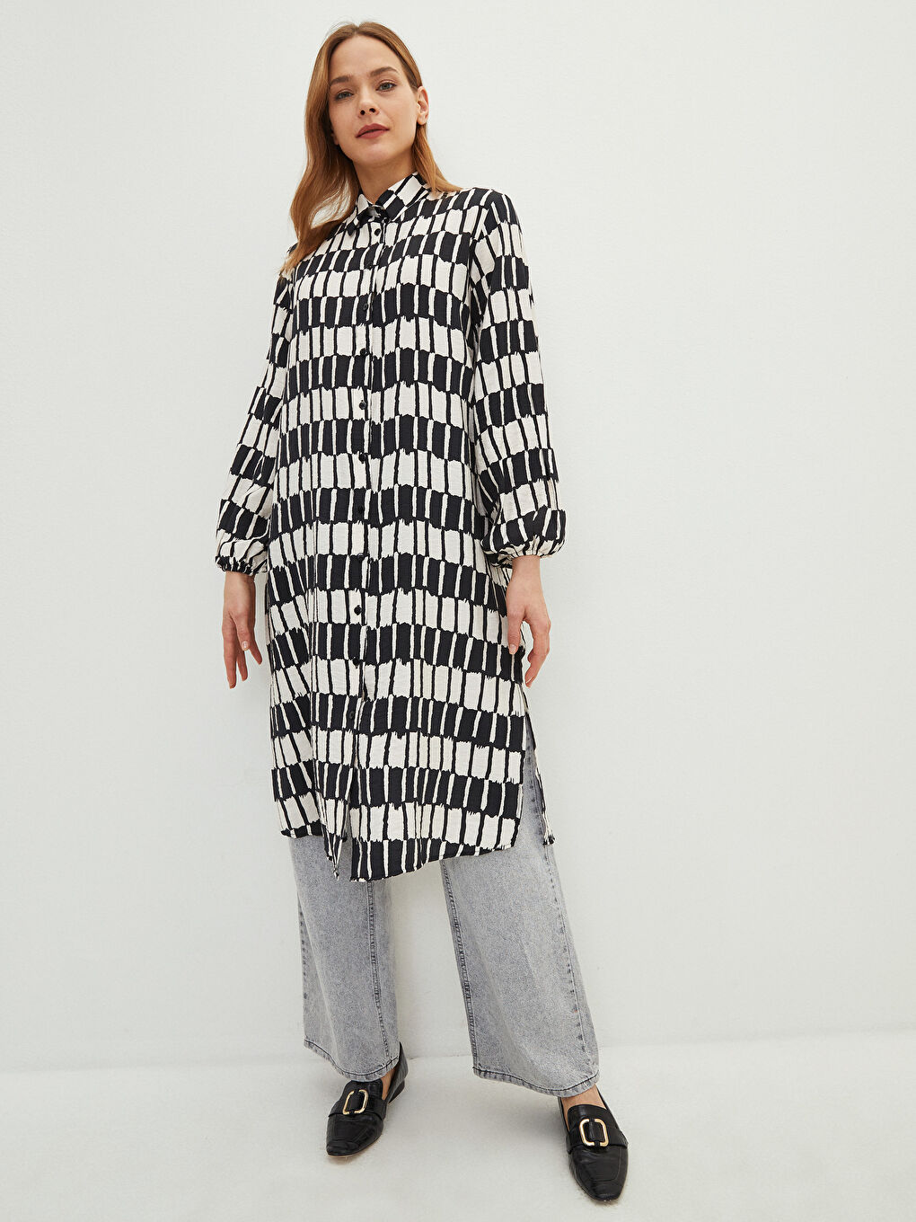 Siyah Desenli Kadın Gömlek Tunik-1