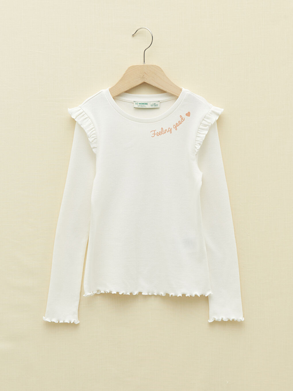 Ekru Bisiklet Yaka Baskılı Uzun Kollu Pamuklu Kız Çocuk Tişört