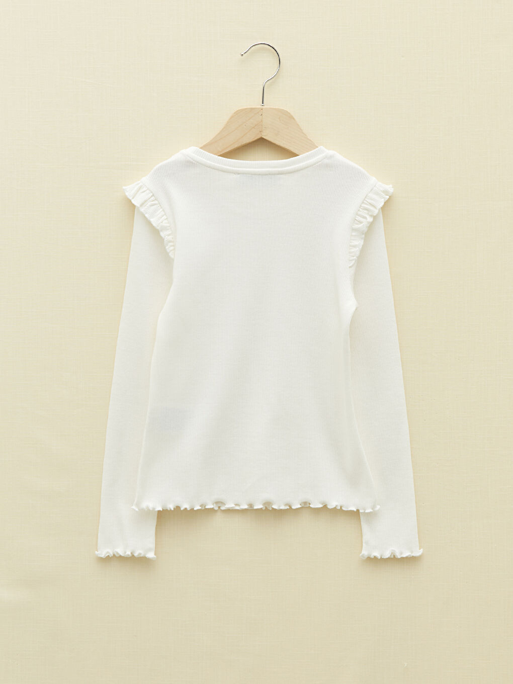 Ekru Bisiklet Yaka Baskılı Uzun Kollu Pamuklu Kız Çocuk Tişört-1