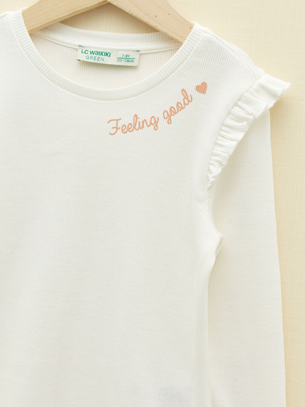 Ekru Bisiklet Yaka Baskılı Uzun Kollu Pamuklu Kız Çocuk Tişört-2