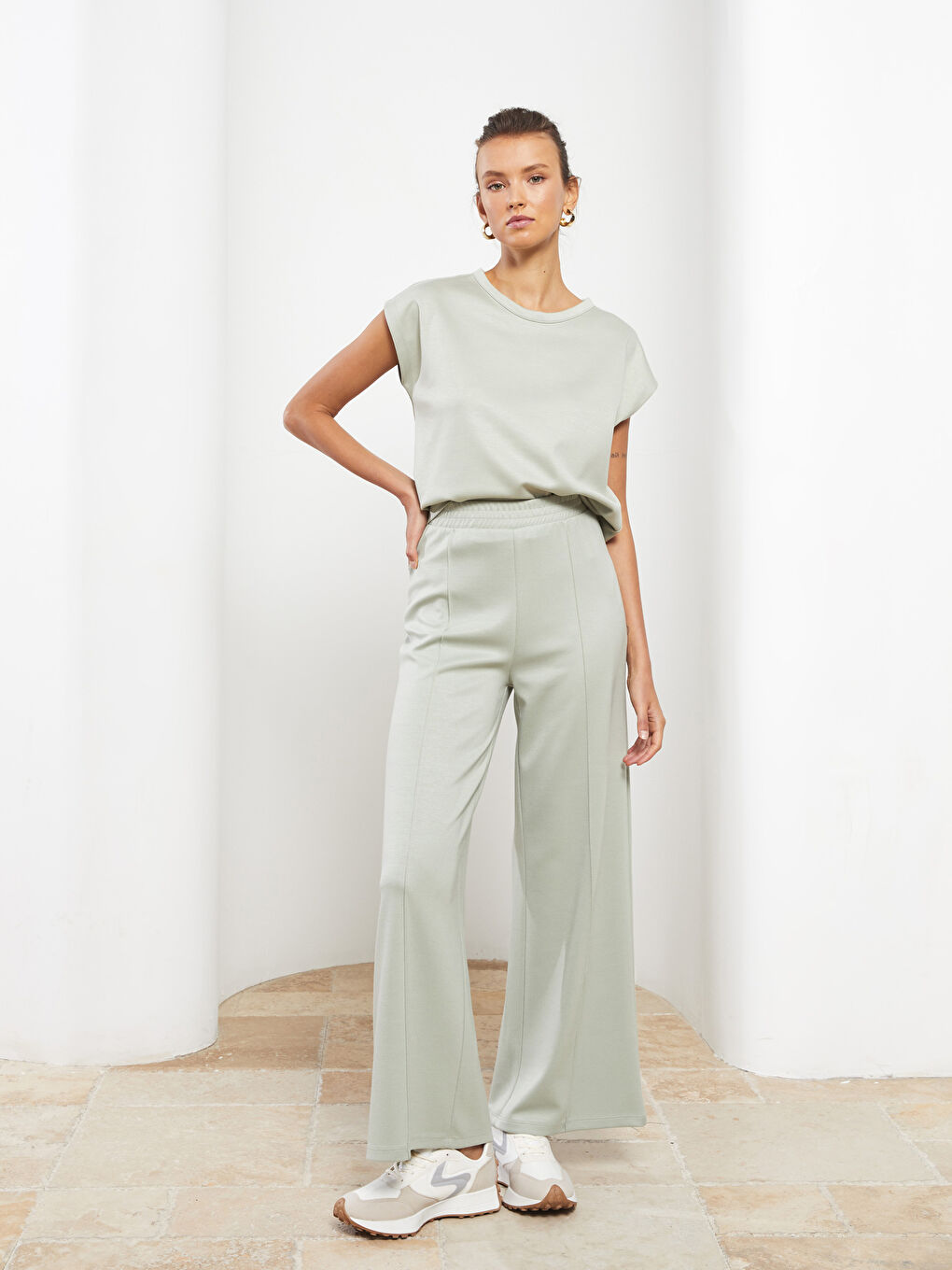 әйелдерге арналған серпімді белдік өрнексіз спорттық шалбар-1