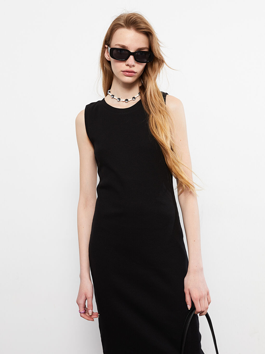 Siyah Kadın Bisiklet Yaka Düz Kolsuz Bodycon Elbise-2