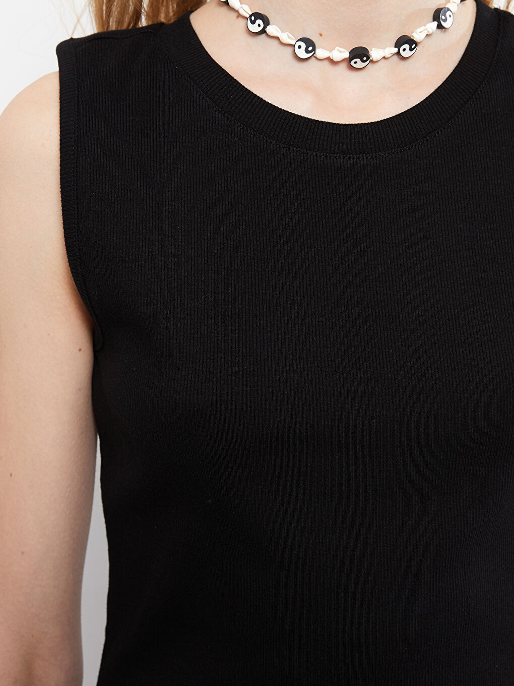 Siyah Kadın Bisiklet Yaka Düz Kolsuz Bodycon Elbise-3