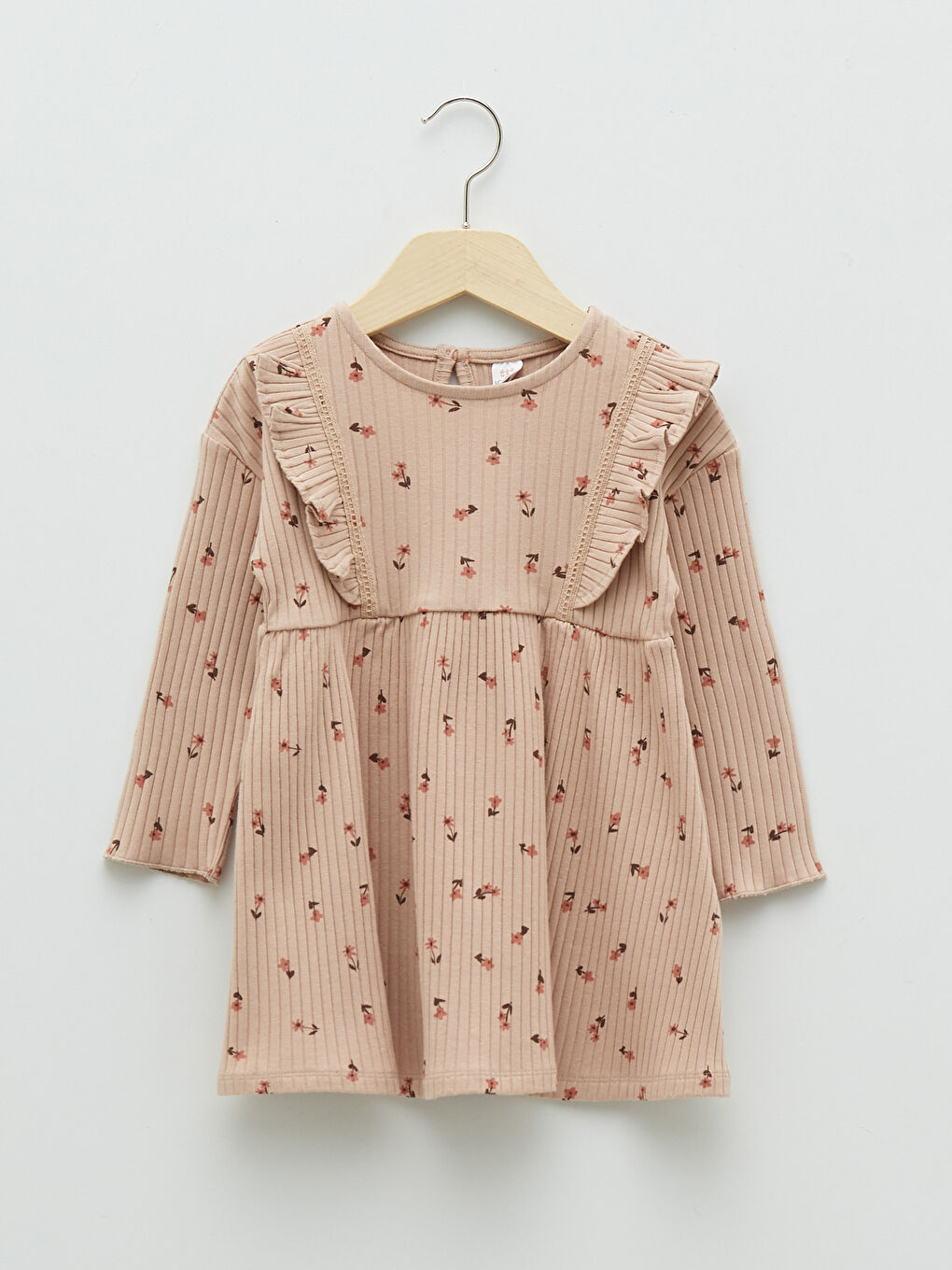 Pembe Bisiklet Yaka Uzun Kol Baskılı Pamuklu Kız Bebek Elbise