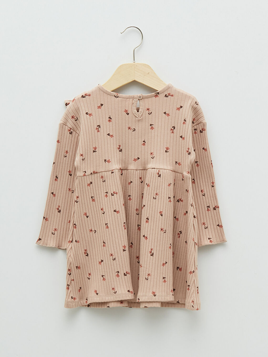 Pembe Bisiklet Yaka Uzun Kol Baskılı Pamuklu Kız Bebek Elbise-1