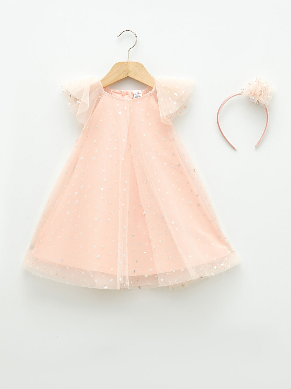 Pembe Bisiklet Yaka Baskılı Kısa Kollu Kız Bebek Tül Elbise ve Taç
