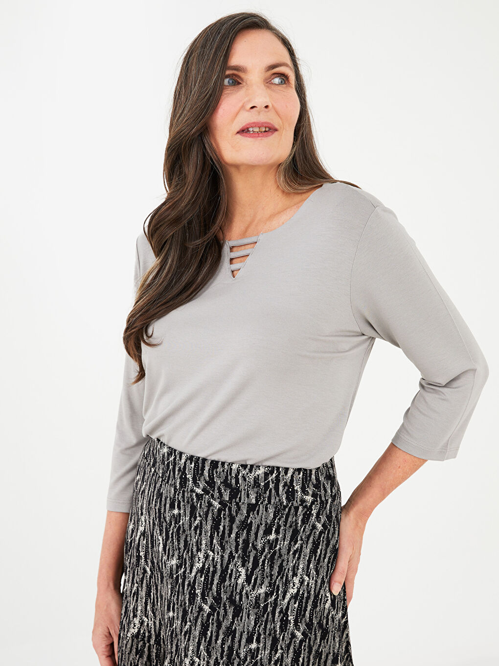 Gri Kadın Bisiklet Yaka Düz Bluz