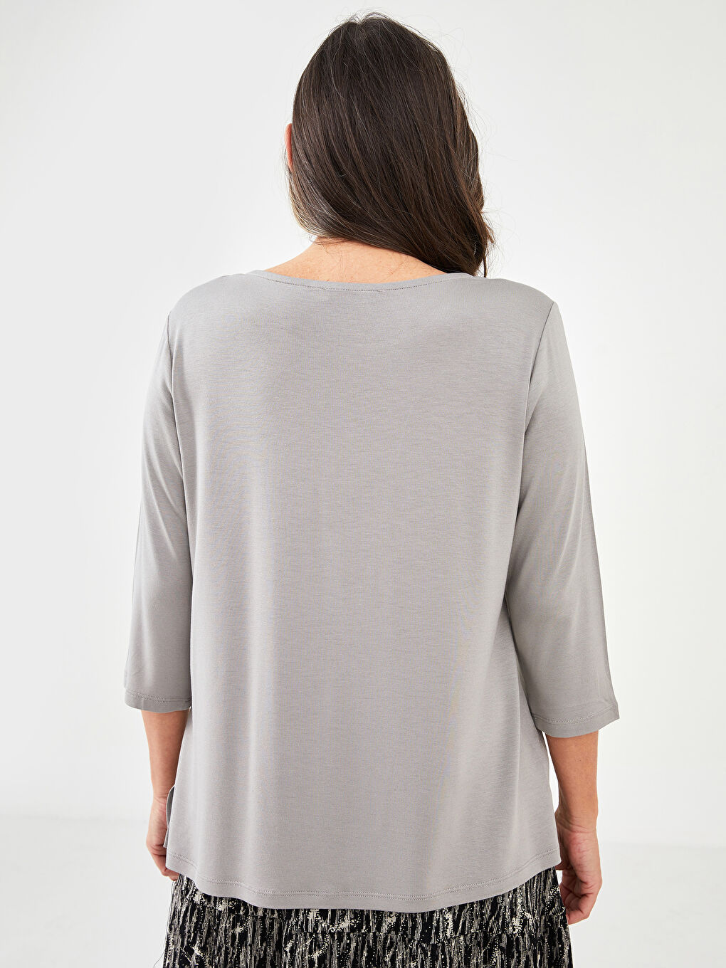 Gri Kadın Bisiklet Yaka Düz Bluz-4