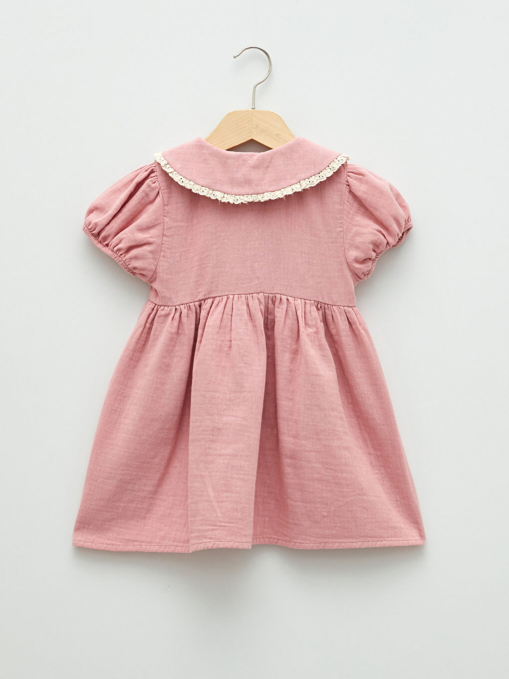 Pembe Bebe Yaka Kısa Kollu Kız Bebek Elbise-1