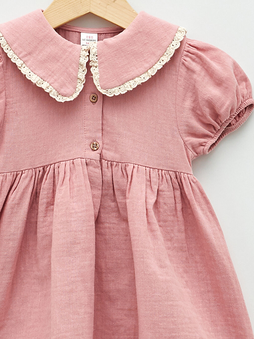 Pembe Bebe Yaka Kısa Kollu Kız Bebek Elbise-2