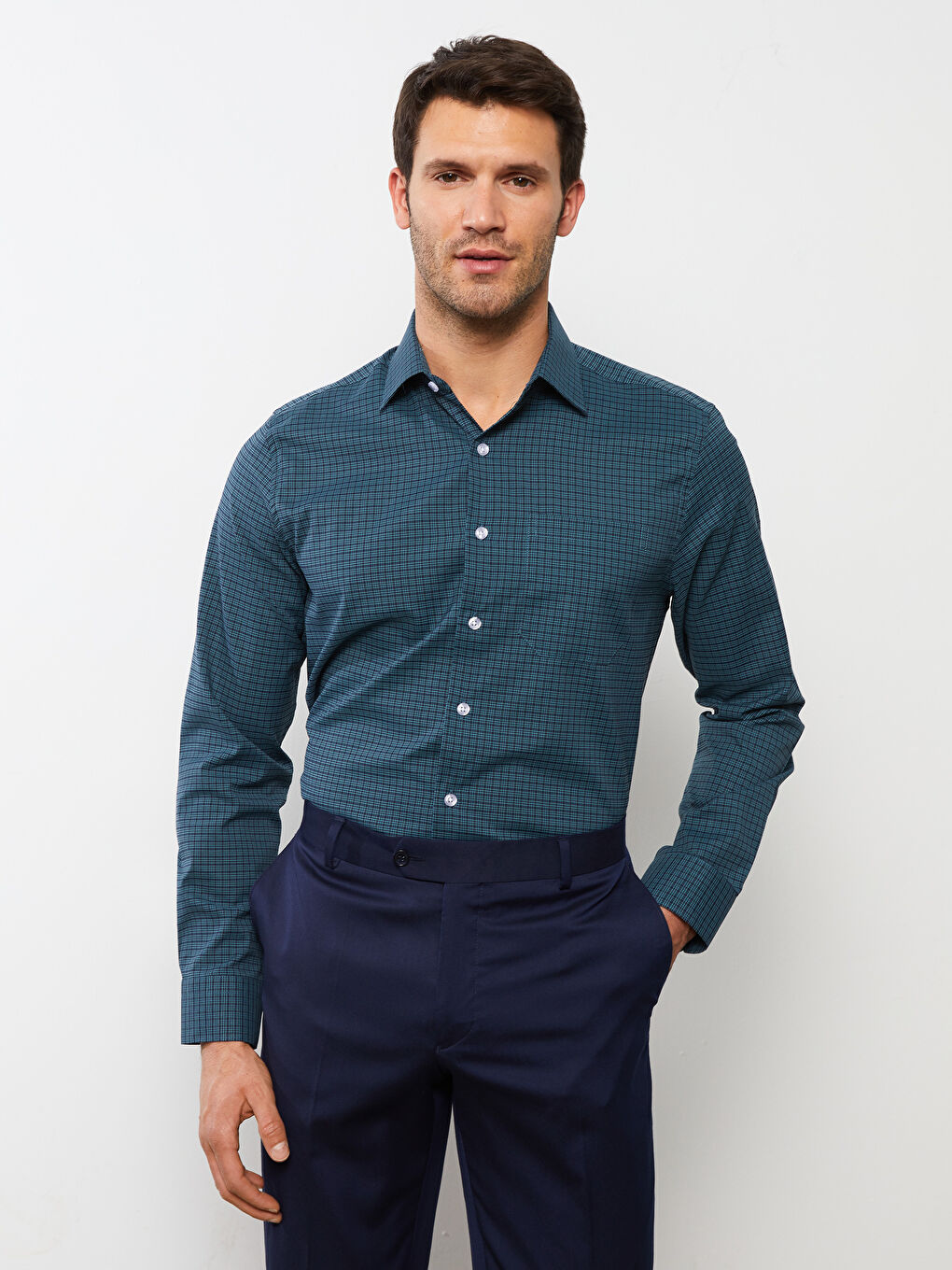Regular Fit Long Sleeve Plaid Poplin Men's Shirt -S2CM95Z8-LLC