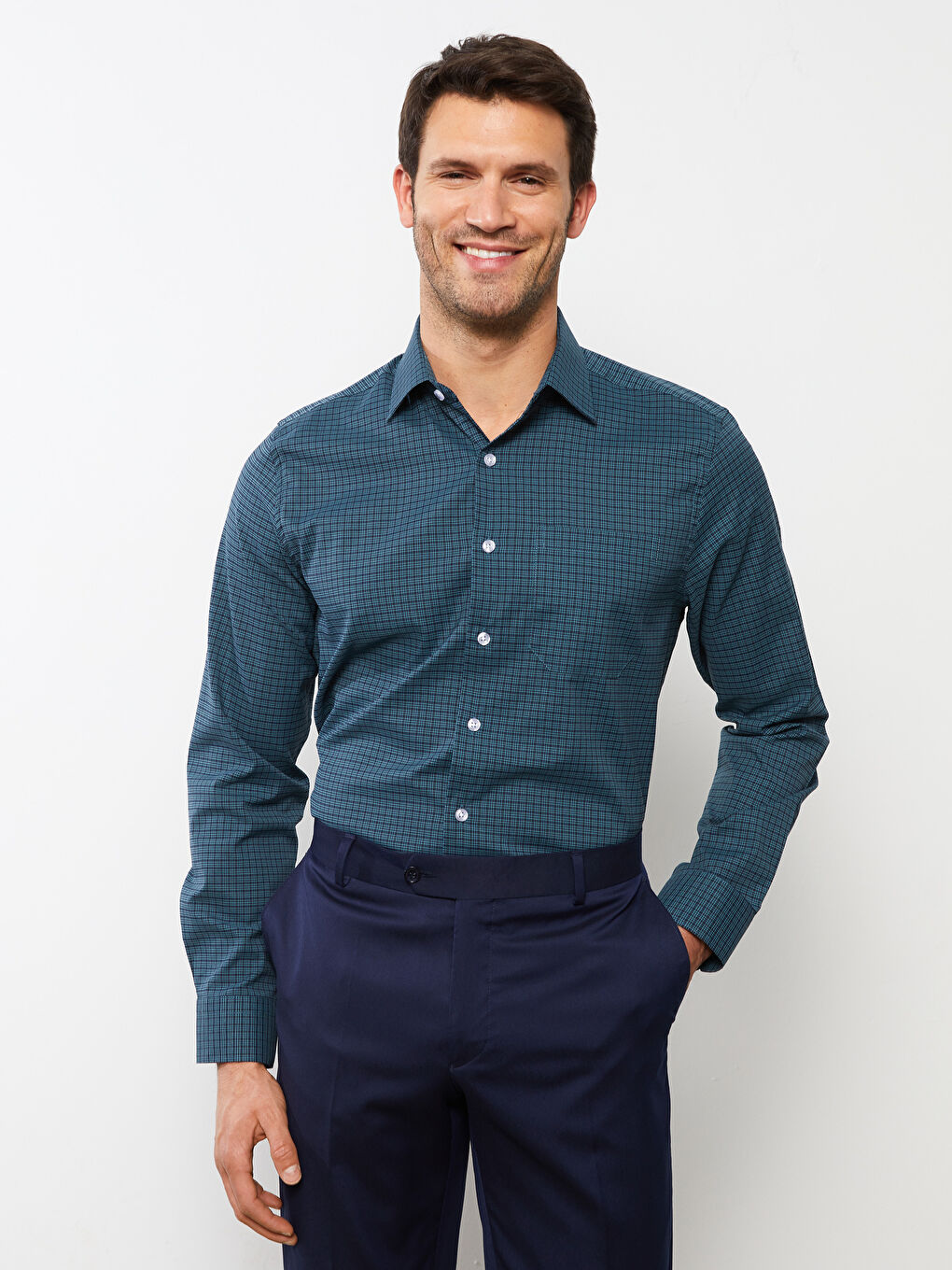 Regular Fit Long Sleeve Plaid Poplin Men's Shirt -S2CM95Z8-LLC