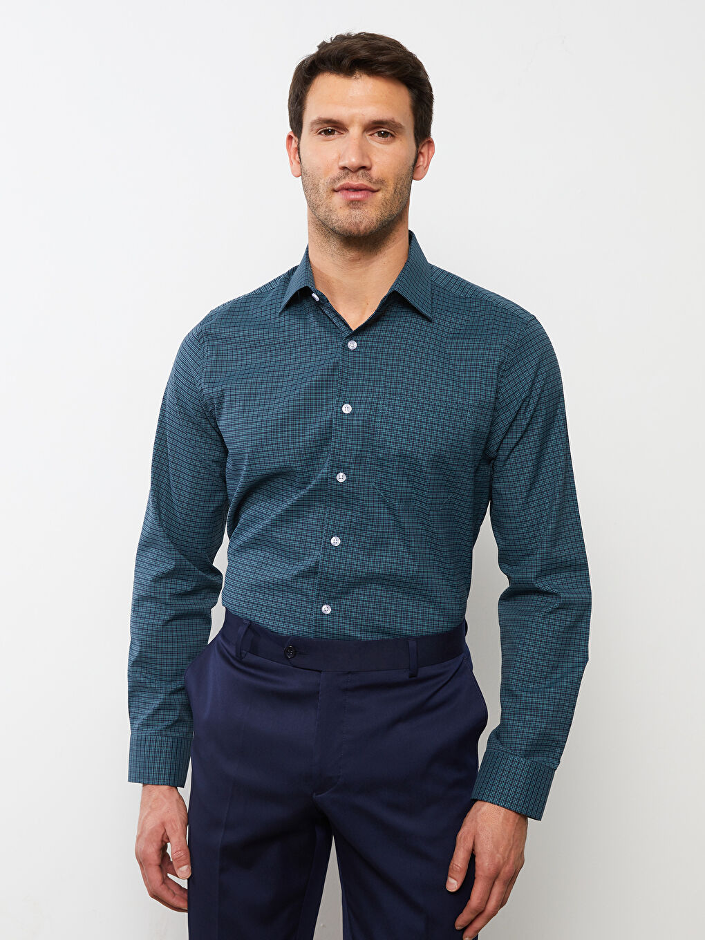 Regular Fit Long Sleeve Plaid Poplin Men's Shirt -S2CM95Z8-LLC
