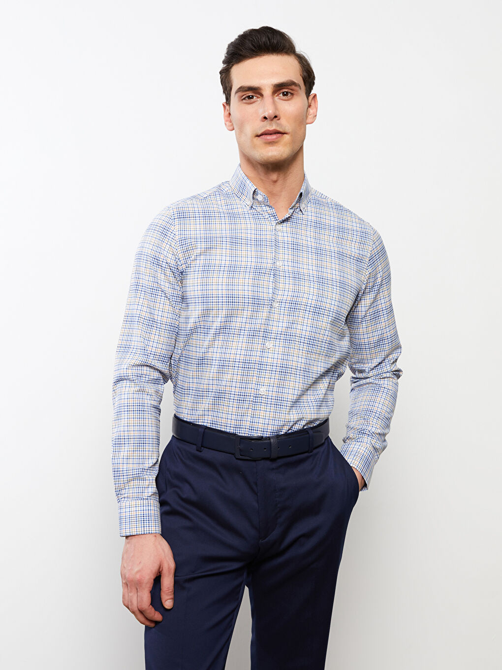 Turuncu Regular Fit Uzun Kollu Ekose Gabardin Erkek Gömlek