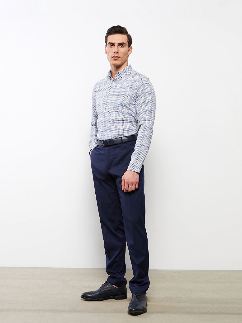 Turuncu Regular Fit Uzun Kollu Ekose Gabardin Erkek Gömlek-1