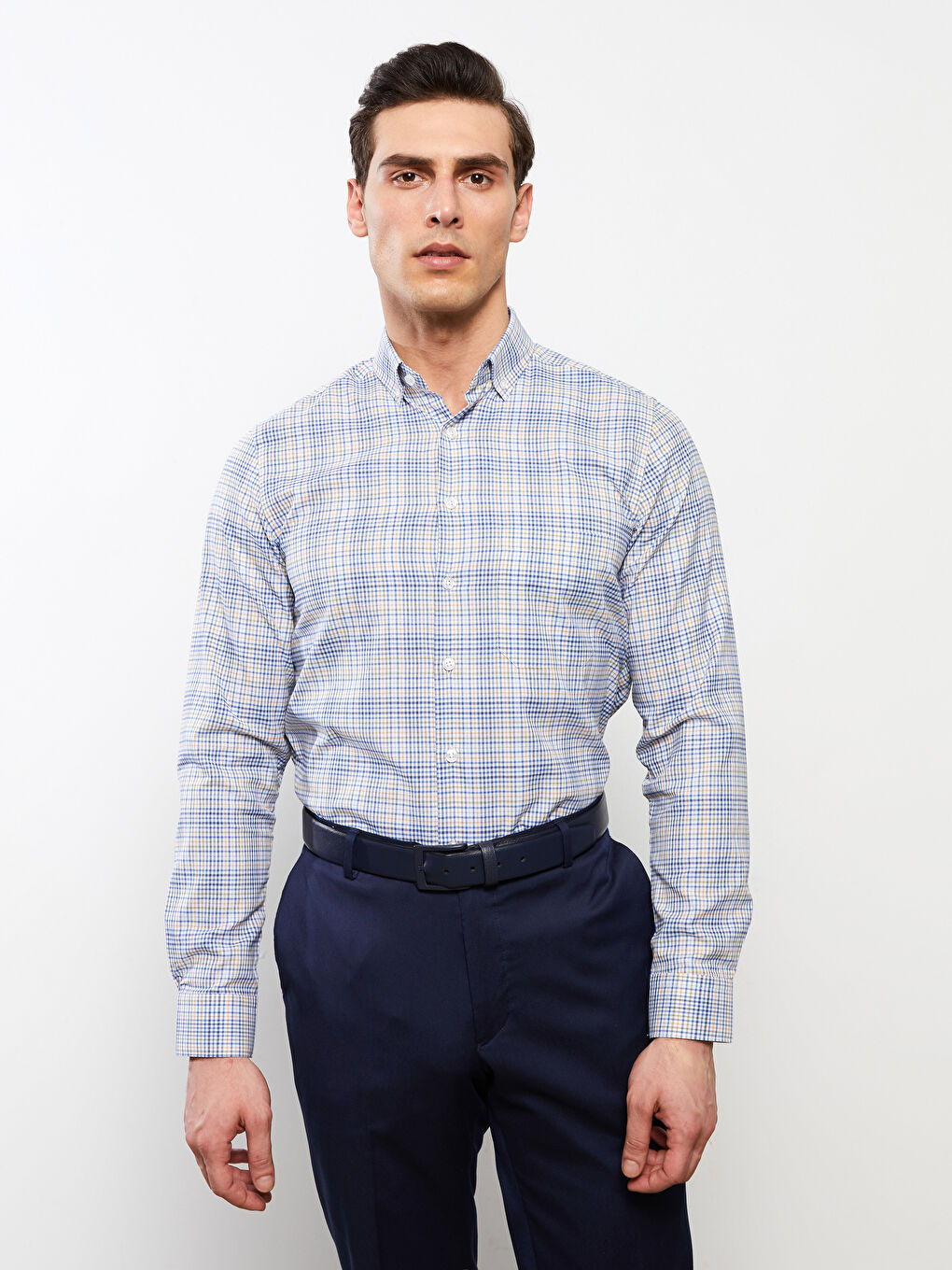 Turuncu Regular Fit Uzun Kollu Ekose Gabardin Erkek Gömlek-3