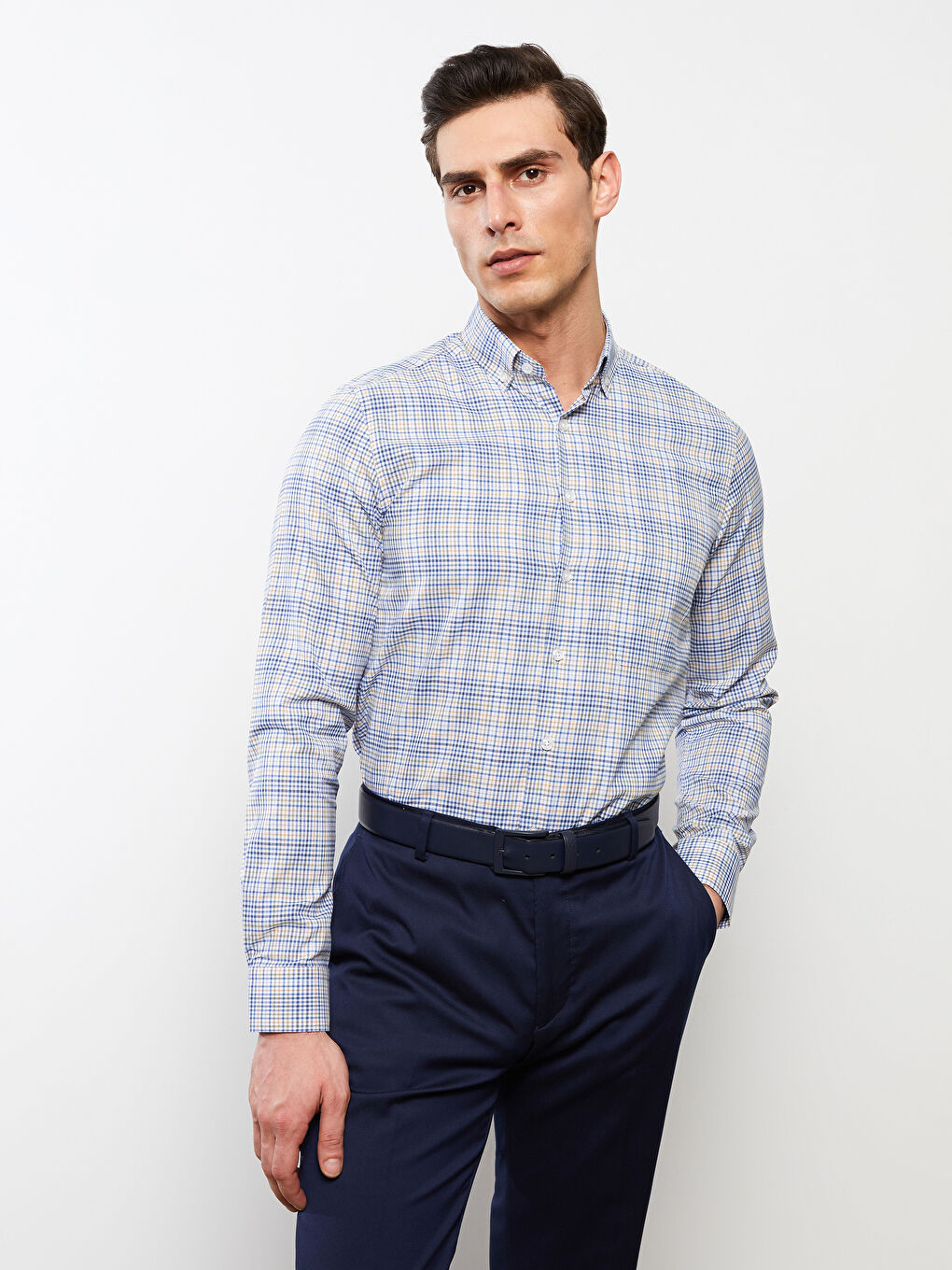 Turuncu Regular Fit Uzun Kollu Ekose Gabardin Erkek Gömlek-4