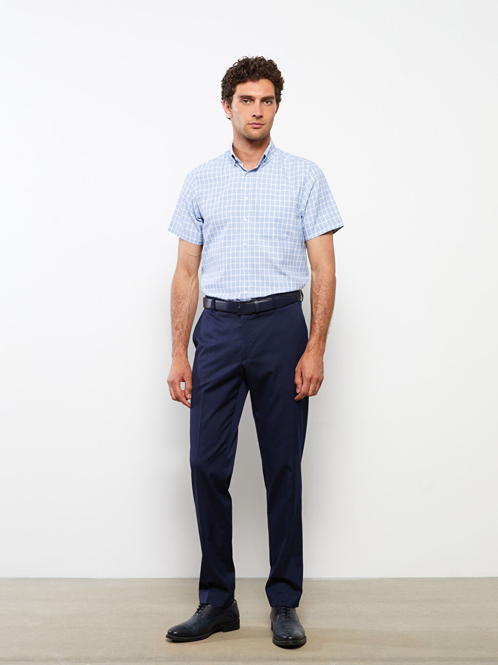 Lacivert Regular Fit Kısa Kollu Ekose Armürlü Erkek Gömlek