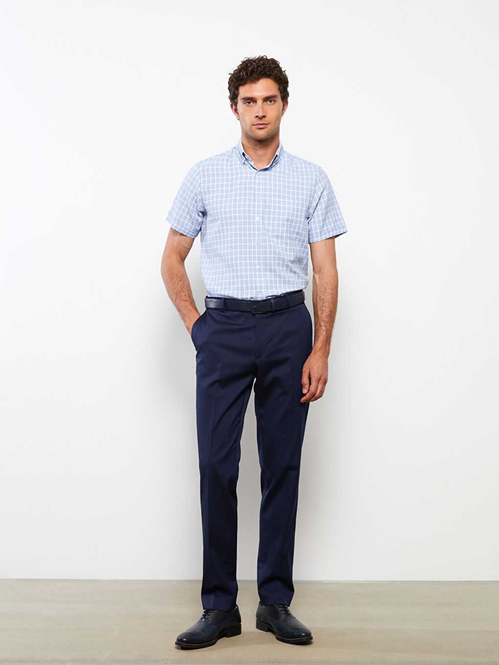 Lacivert Regular Fit Kısa Kollu Ekose Armürlü Erkek Gömlek-1