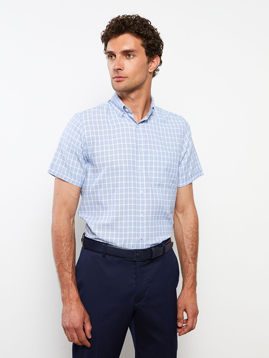 Lacivert Regular Fit Kısa Kollu Ekose Armürlü Erkek Gömlek-2