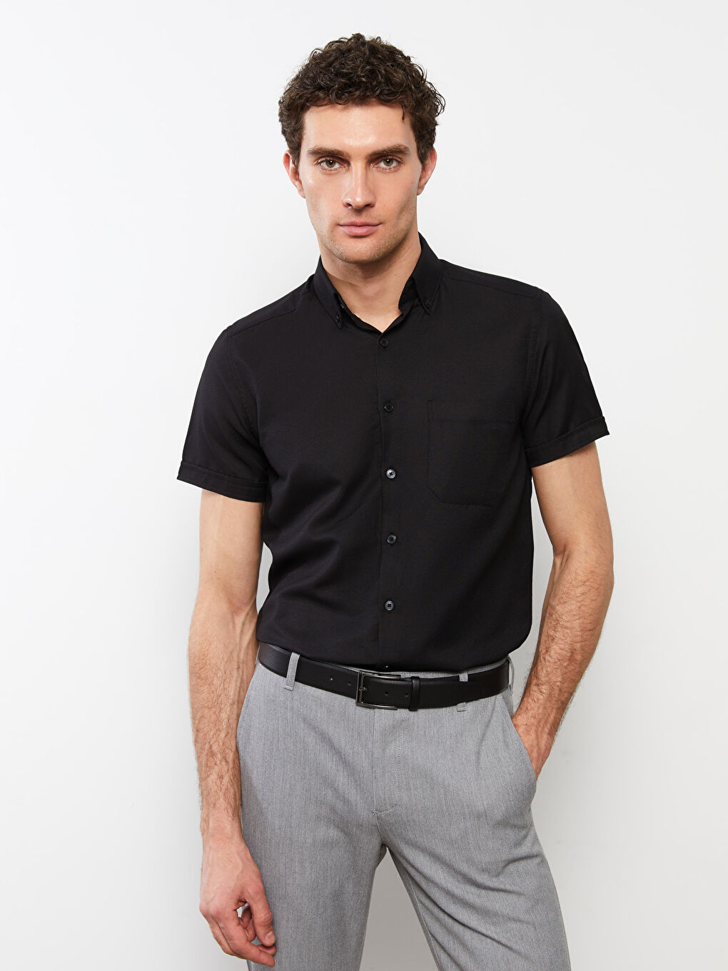 Siyah Slim Fit Kısa Kollu Oxford Erkek Gömlek