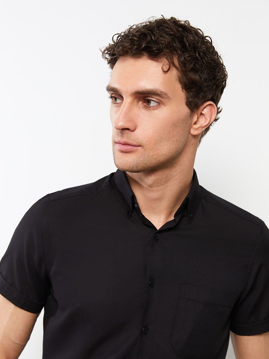 Siyah Slim Fit Kısa Kollu Oxford Erkek Gömlek-2