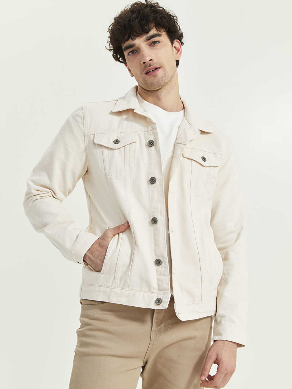 Bej Standart Kalıp Erkek Jean Ceket-2