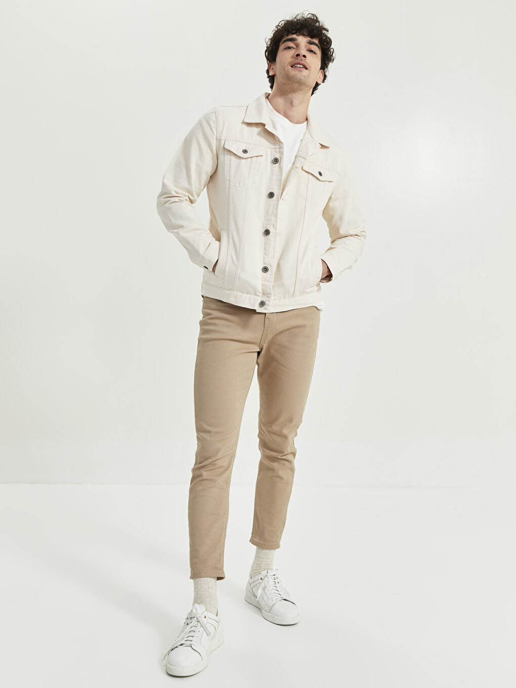 Bej Standart Kalıp Erkek Jean Ceket-3