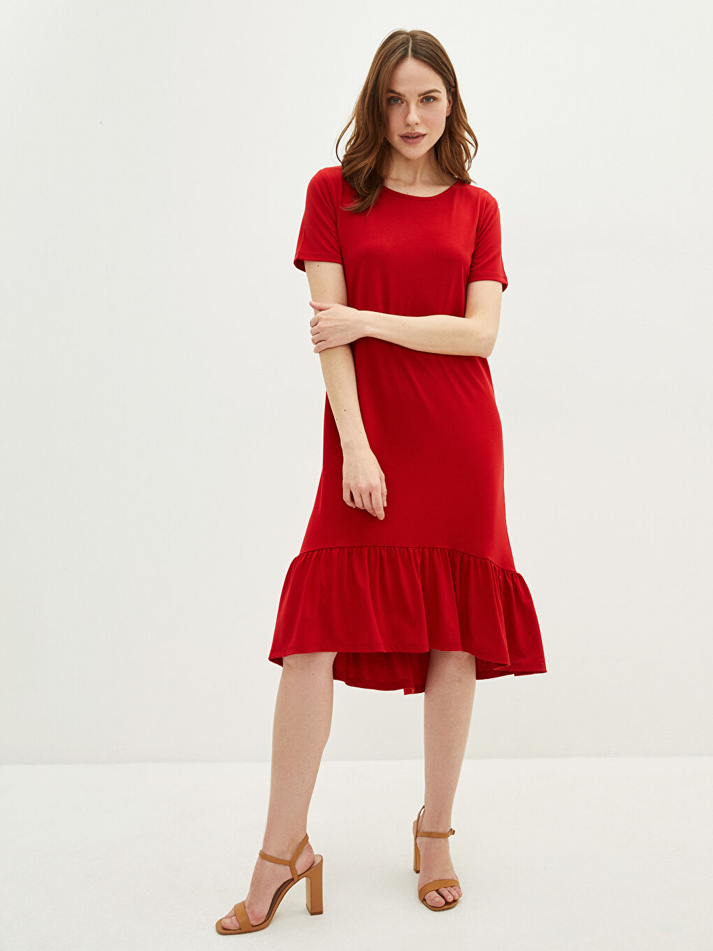 Kırmızı Bisiklet Yaka Düz Kısa Kollu Kadın Elbise