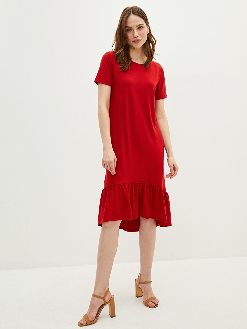 Kırmızı Bisiklet Yaka Düz Kısa Kollu Kadın Elbise-1