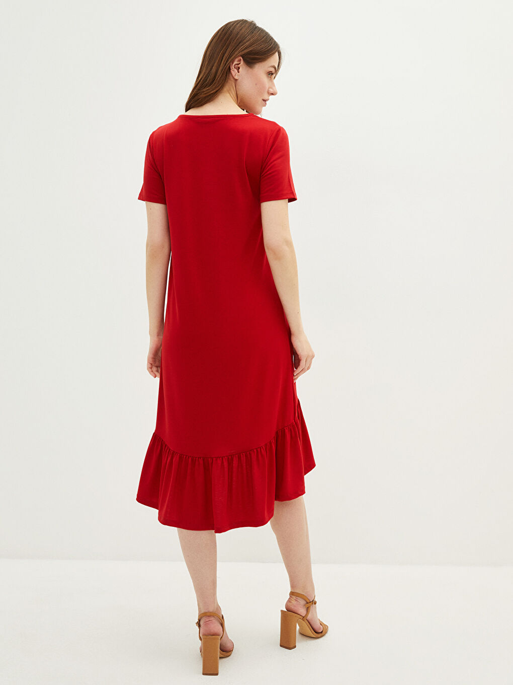 Kırmızı Bisiklet Yaka Düz Kısa Kollu Kadın Elbise-3