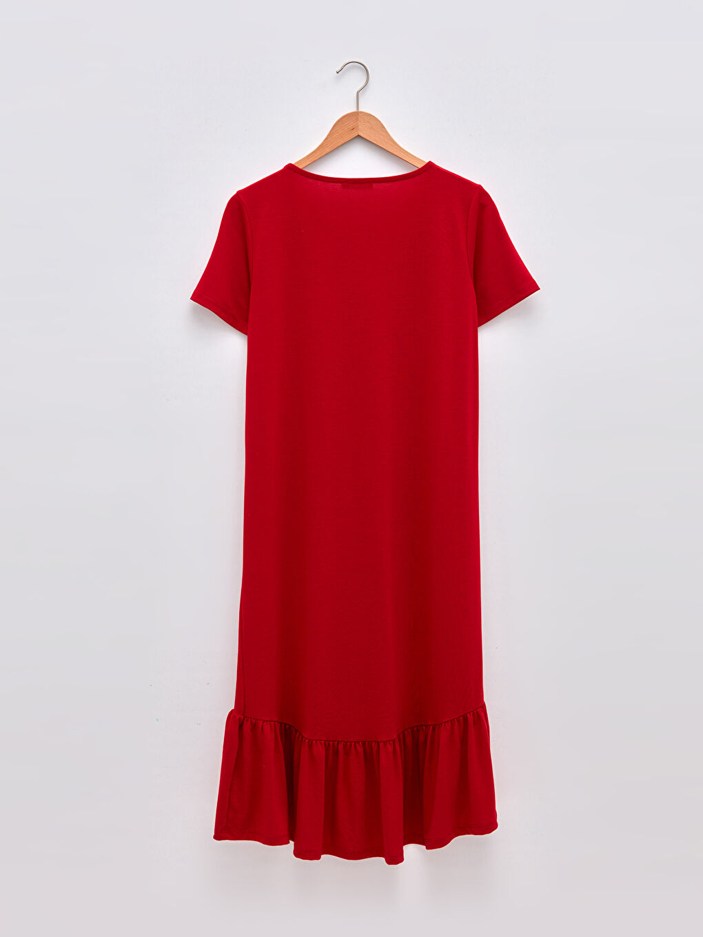 Kırmızı Bisiklet Yaka Düz Kısa Kollu Kadın Elbise-5